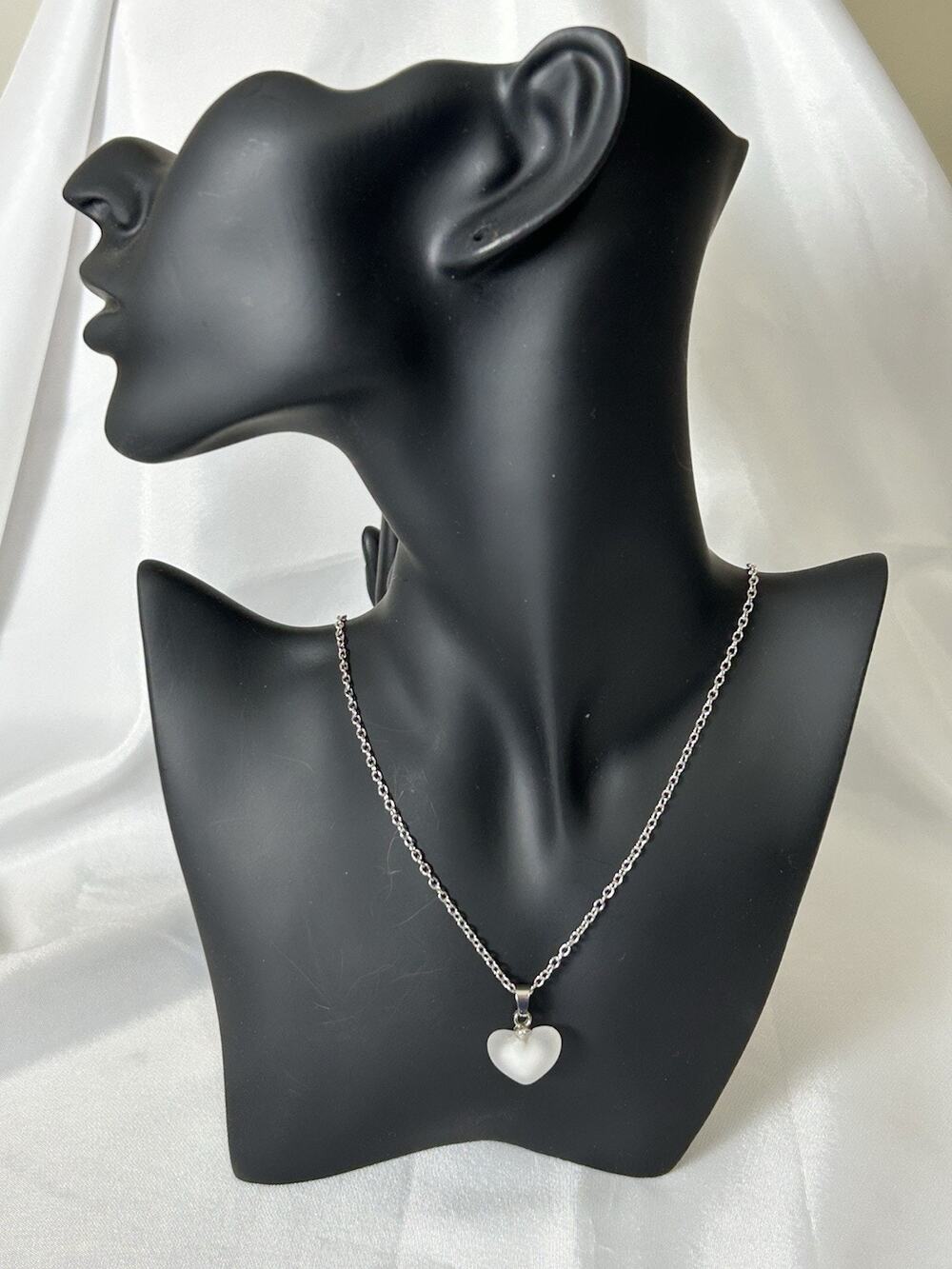 Lovely Silver Tone Necklace With Frost Resin Heart. Measures 25” W/ 2” Ext
